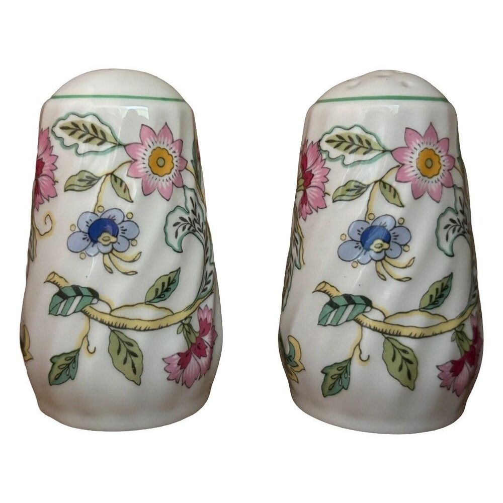 Minton Haddon Hall Salt and Pepper Shakers Set Green Rim Floral Bone China Engla